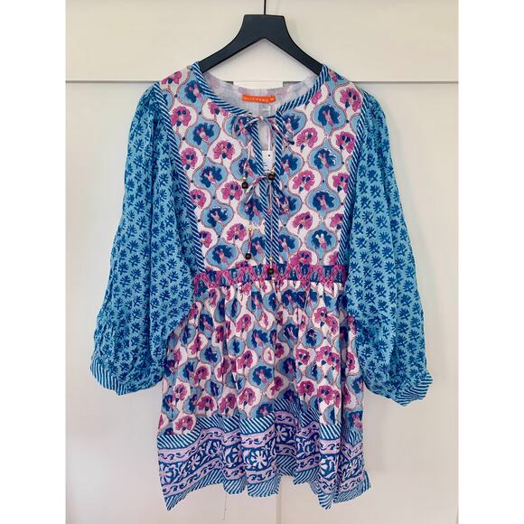 Oliphant Tie Front Balloon Mini Dress Iris Blue Medium Floral Print Long Sleeve - Picture 2 of 5